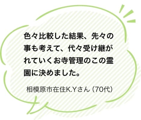 色々比較した結果、先々の事も考えて、代々受け継がれていくお寺管理のこの霊園に決めました。相模原市在住K.Yさん（70代）