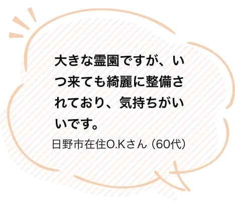 大きな霊園ですが、いつ来ても綺麗に整備されており、気持ちがいいです。日野市在住O.Kさん（60代）